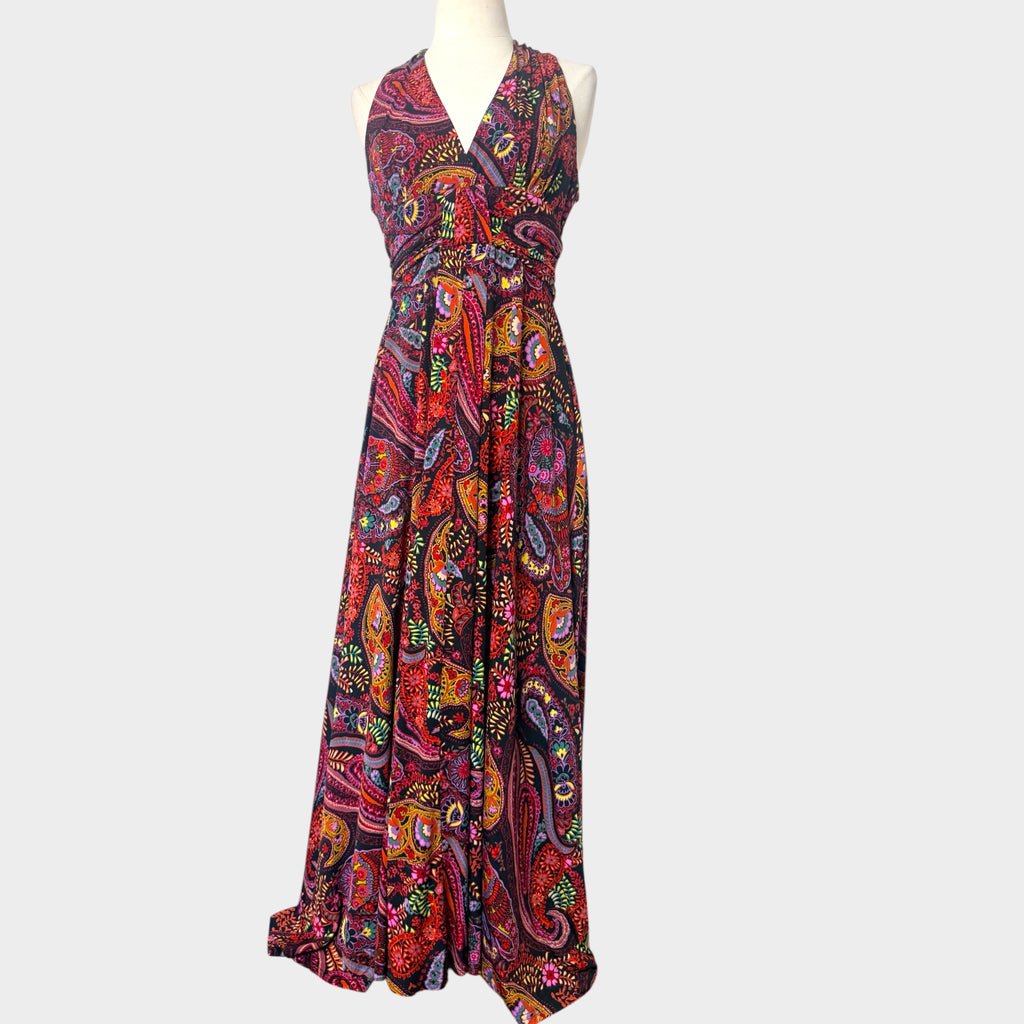 Vintage 1970s Psychedelic Paisley Halter Maxi Dress | Vibrant Boho Nylon Evening Gown