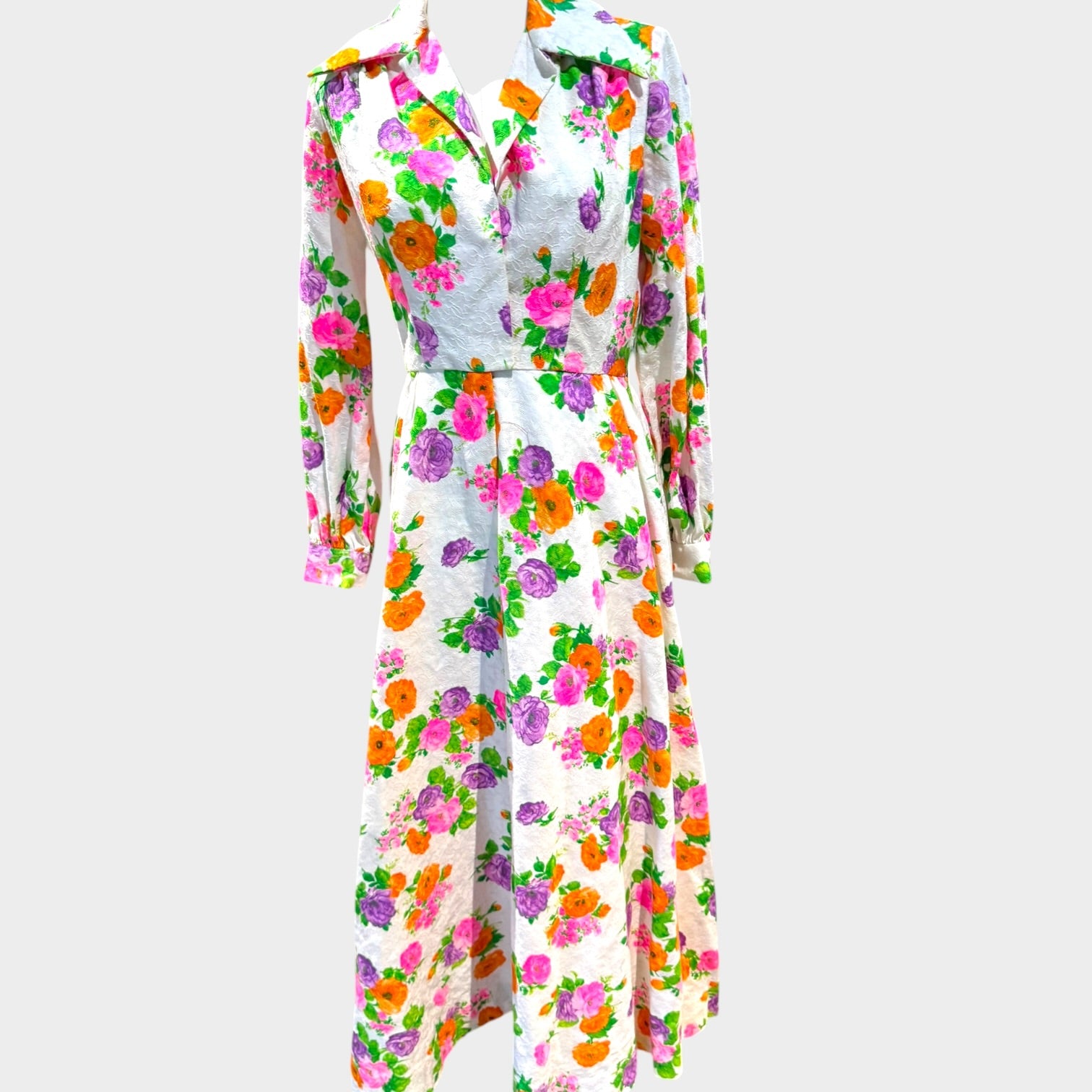 1960s Custom Made Floral texture Cotton Maxi Dress
