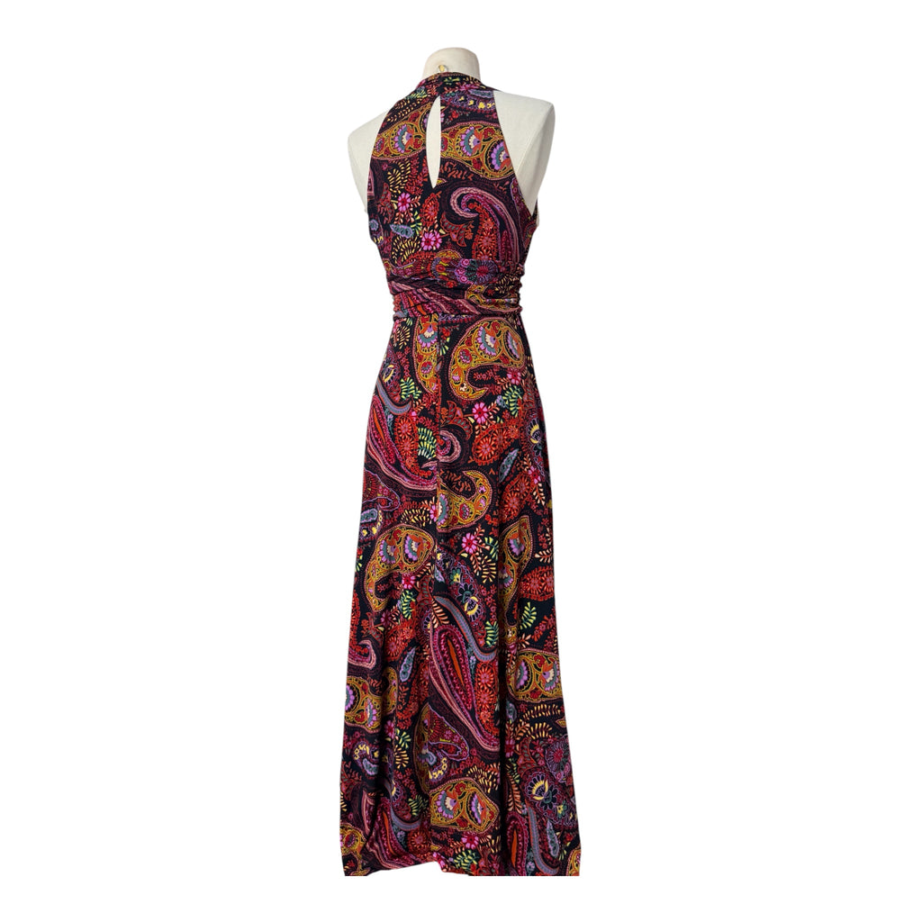Vintage 1970s Psychedelic Paisley Halter Maxi Dress | Vibrant Boho Nylon Evening Gown