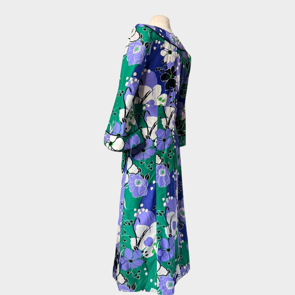 Vintage 1970s Mod Floral Maxi Dress | Bold Graphic Print with Novelty Buttons & Patch Pockets