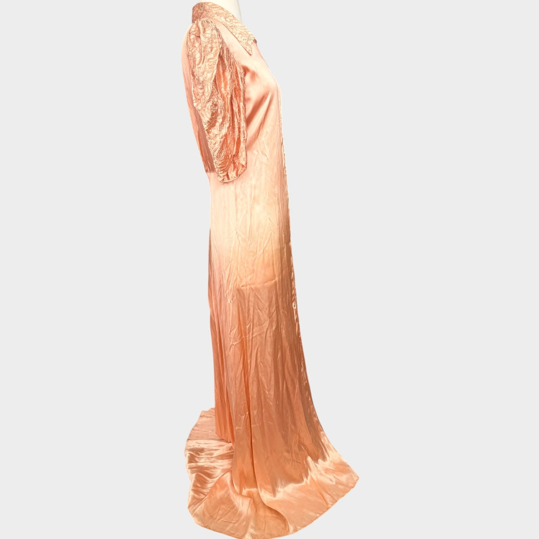 Old Hollywood 1940s Liquid Satin Dressing Gown | Embroidered Collar & Sleeves
