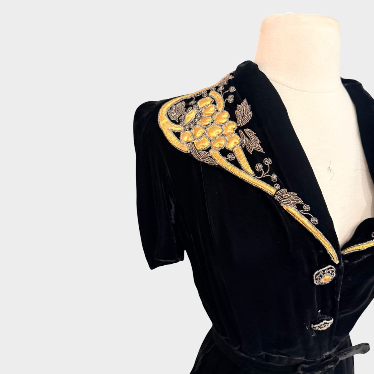 1940s Black Silk Velvet Gown with Beaded Grapevine Collar