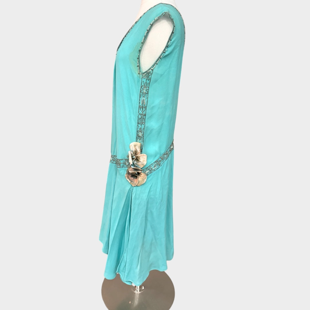 Early 1930s Art Deco Era Beaded teal flapper dress