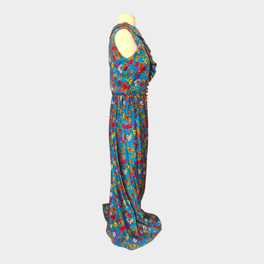 Vintage 1960s Floral Hostess Gown with Dramatic Front Slit