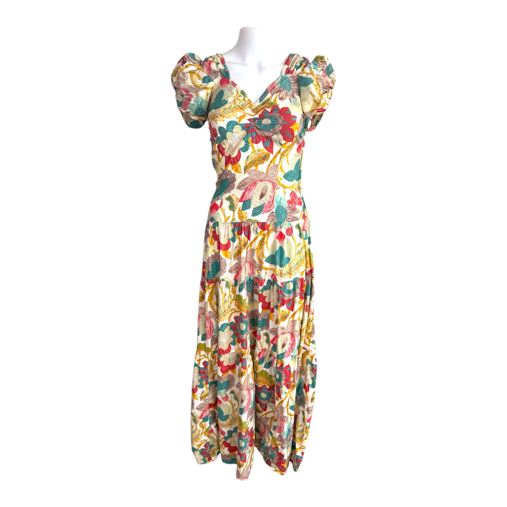 1930s Bias-Cut Cotton Floral Print Dress with Ruched Shoulders