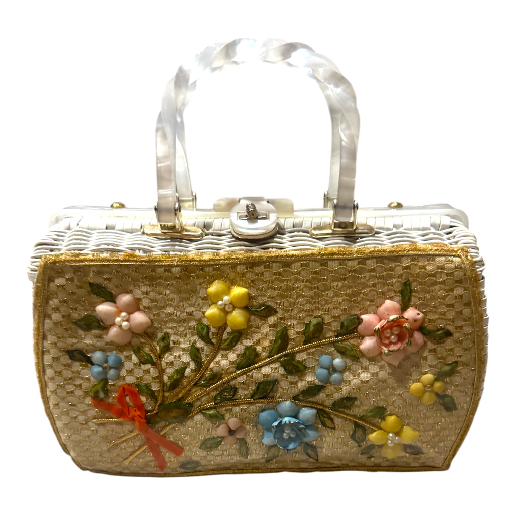1950s-60s Seashell Floral White Wicker Basket Purse with Lucite Handles