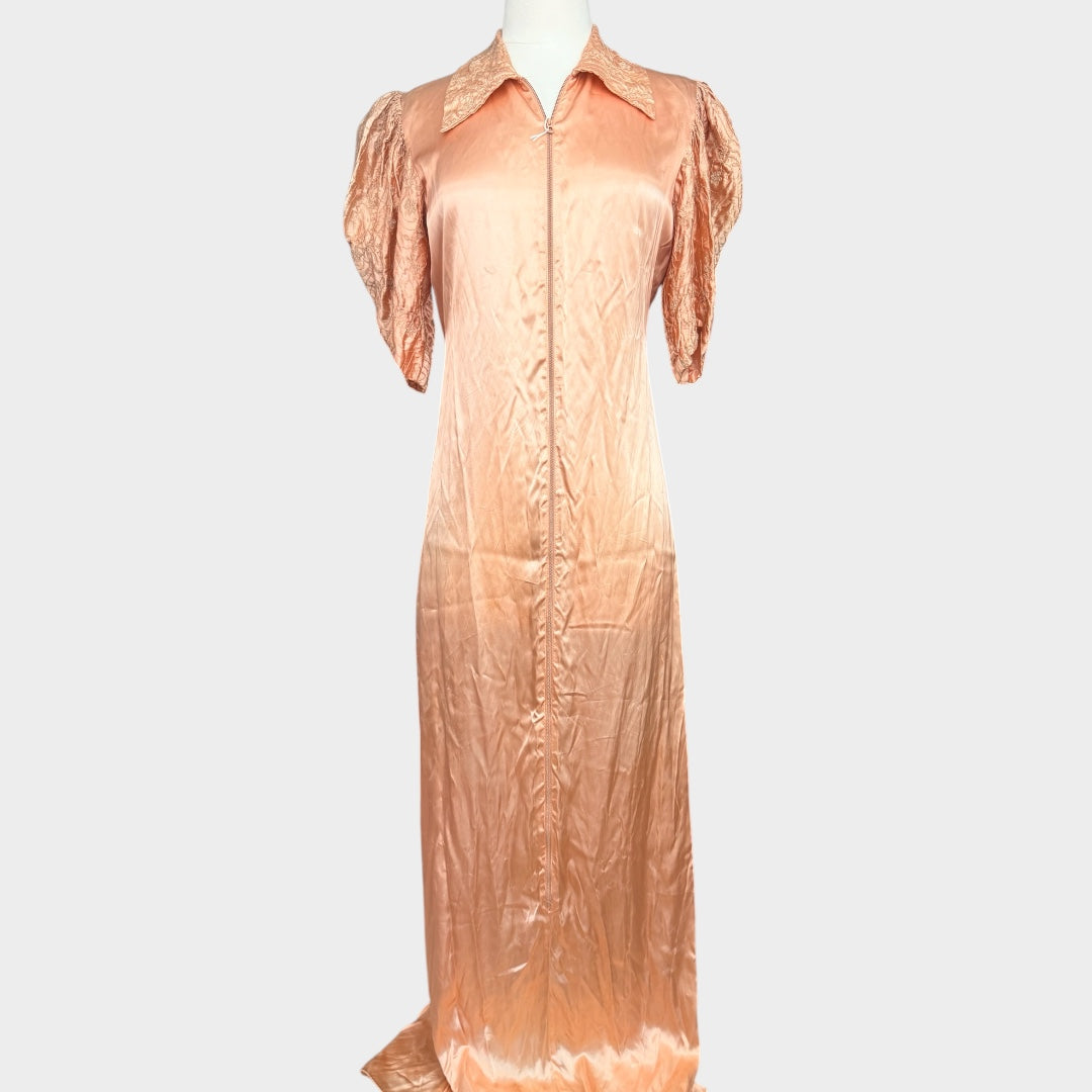 Old Hollywood 1940s Liquid Satin Dressing Gown | Embroidered Collar & Sleeves