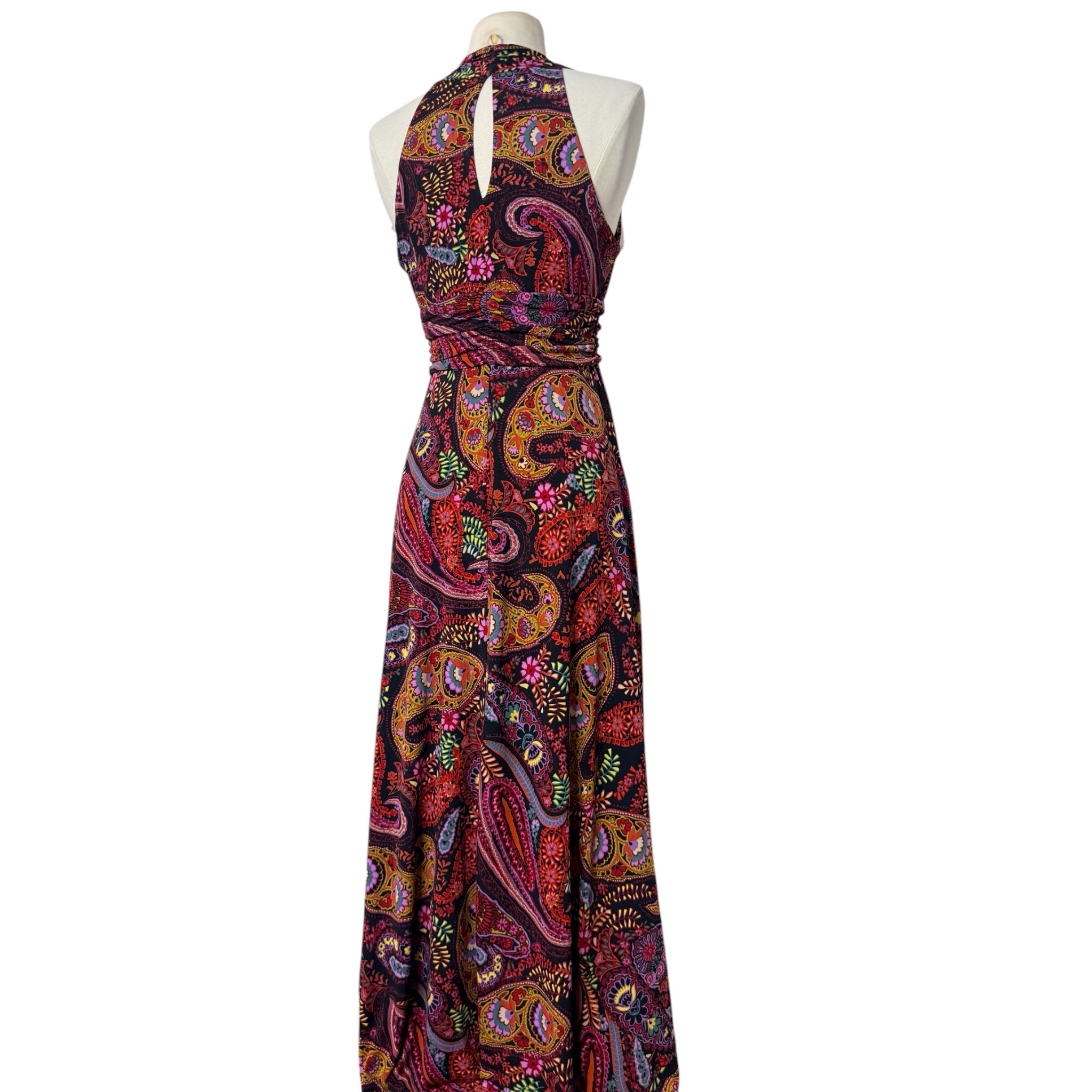 Vintage 1970s Psychedelic Paisley Halter Maxi Dress | Vibrant Boho Nylon Evening Gown