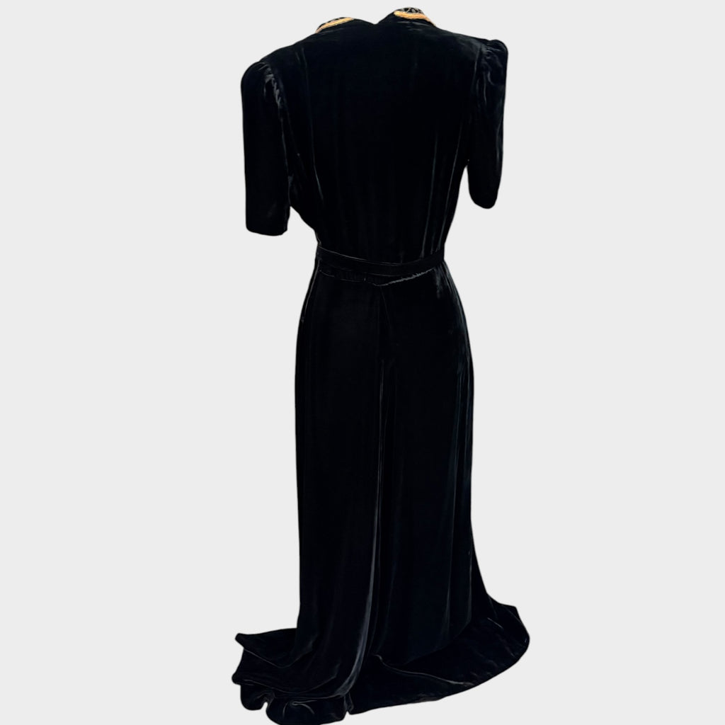 1940s Black Silk Velvet Gown with Beaded Grapevine Collar