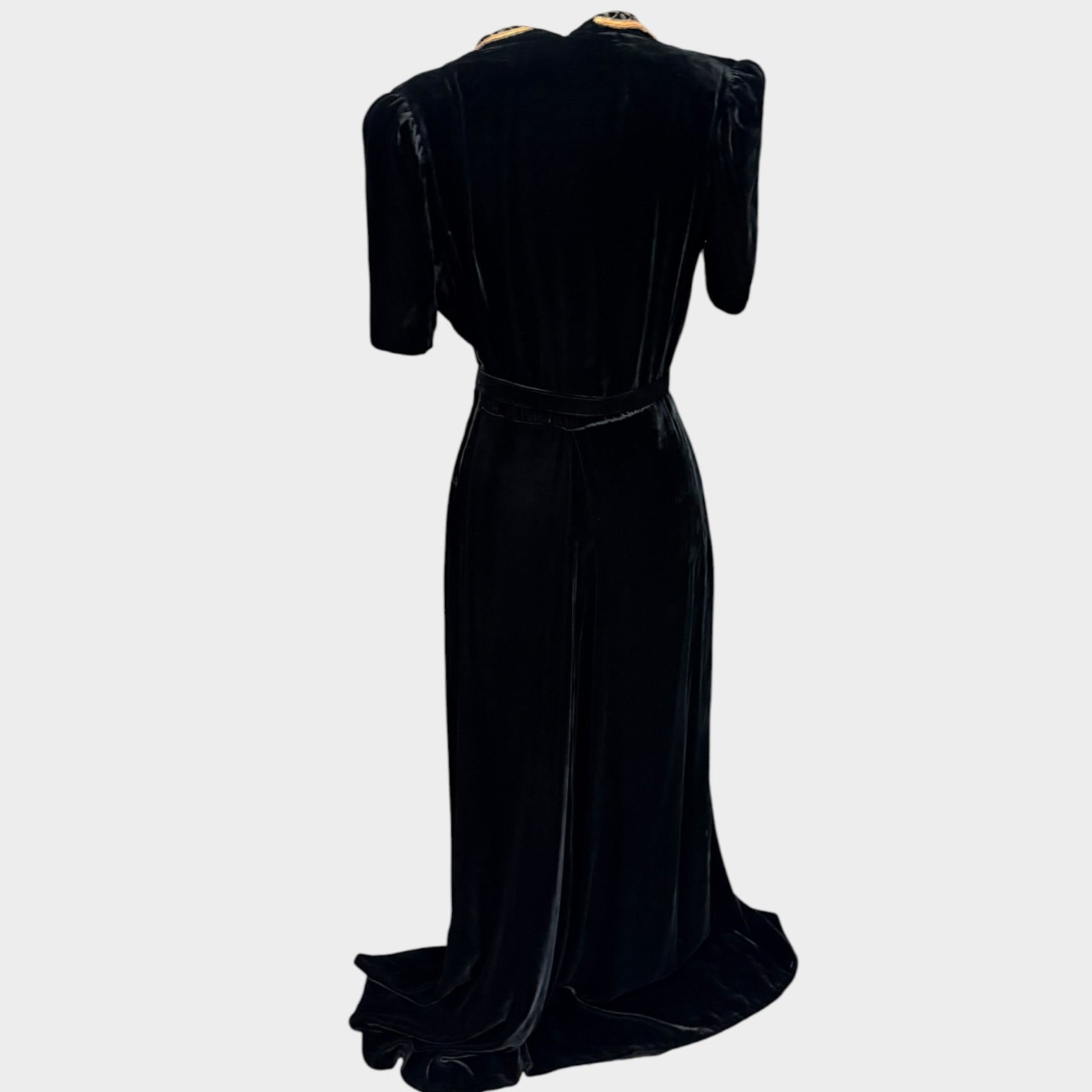 1940s Black Silk Velvet Gown with Beaded Grapevine Collar