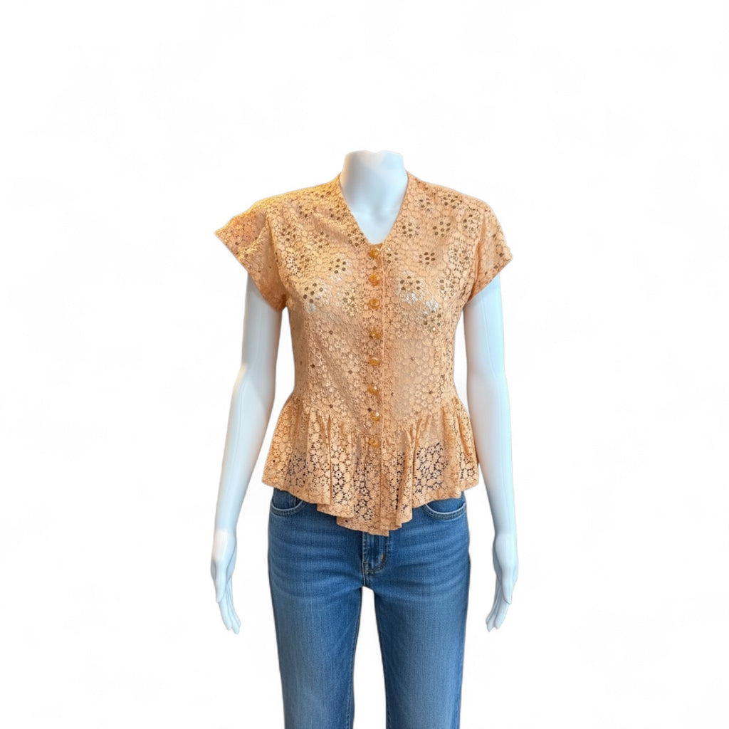 Vintage 1930s peach Lace Peplum Blouse with glass buttons