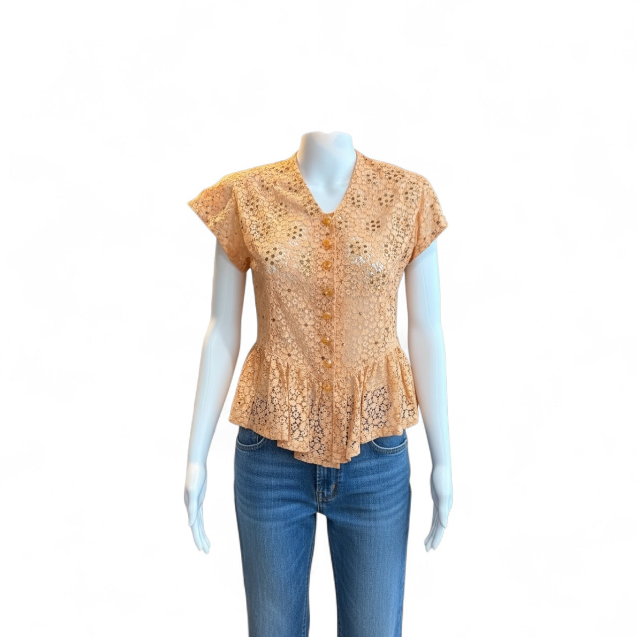 Vintage 1930s peach Lace Peplum Blouse with glass buttons