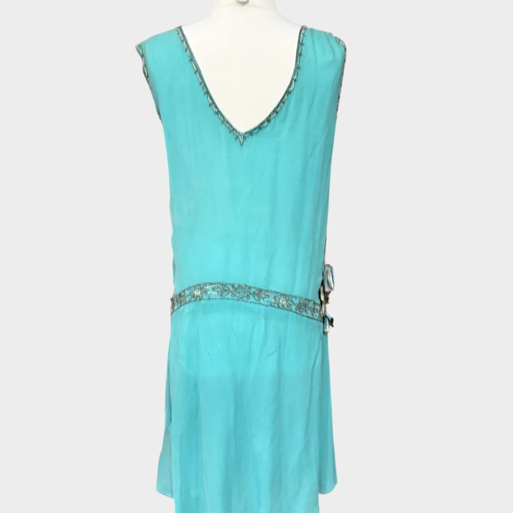 Early 1930s Art Deco Era Beaded teal flapper dress