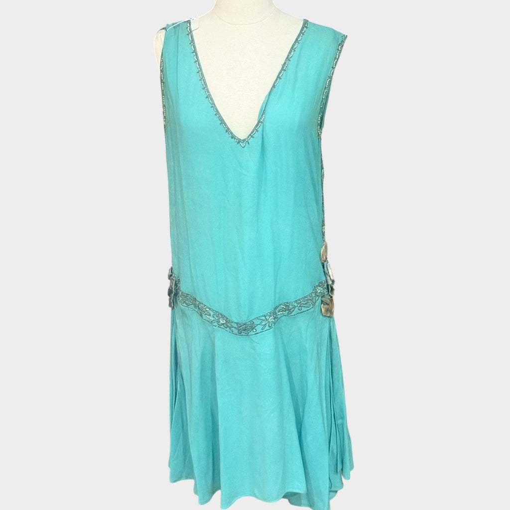 Early 1930s Art Deco Era Beaded teal flapper dress