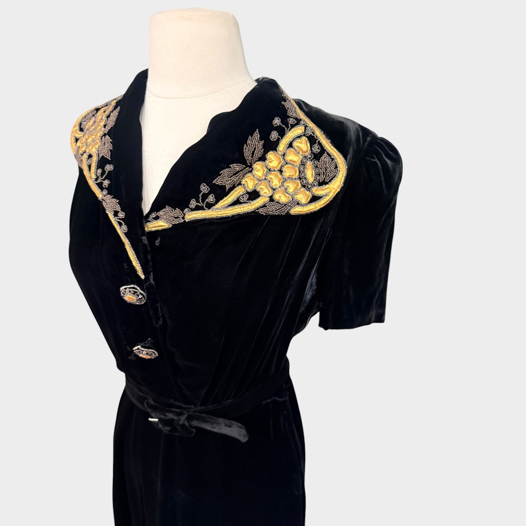 1940s Black Silk Velvet Gown with Beaded Grapevine Collar