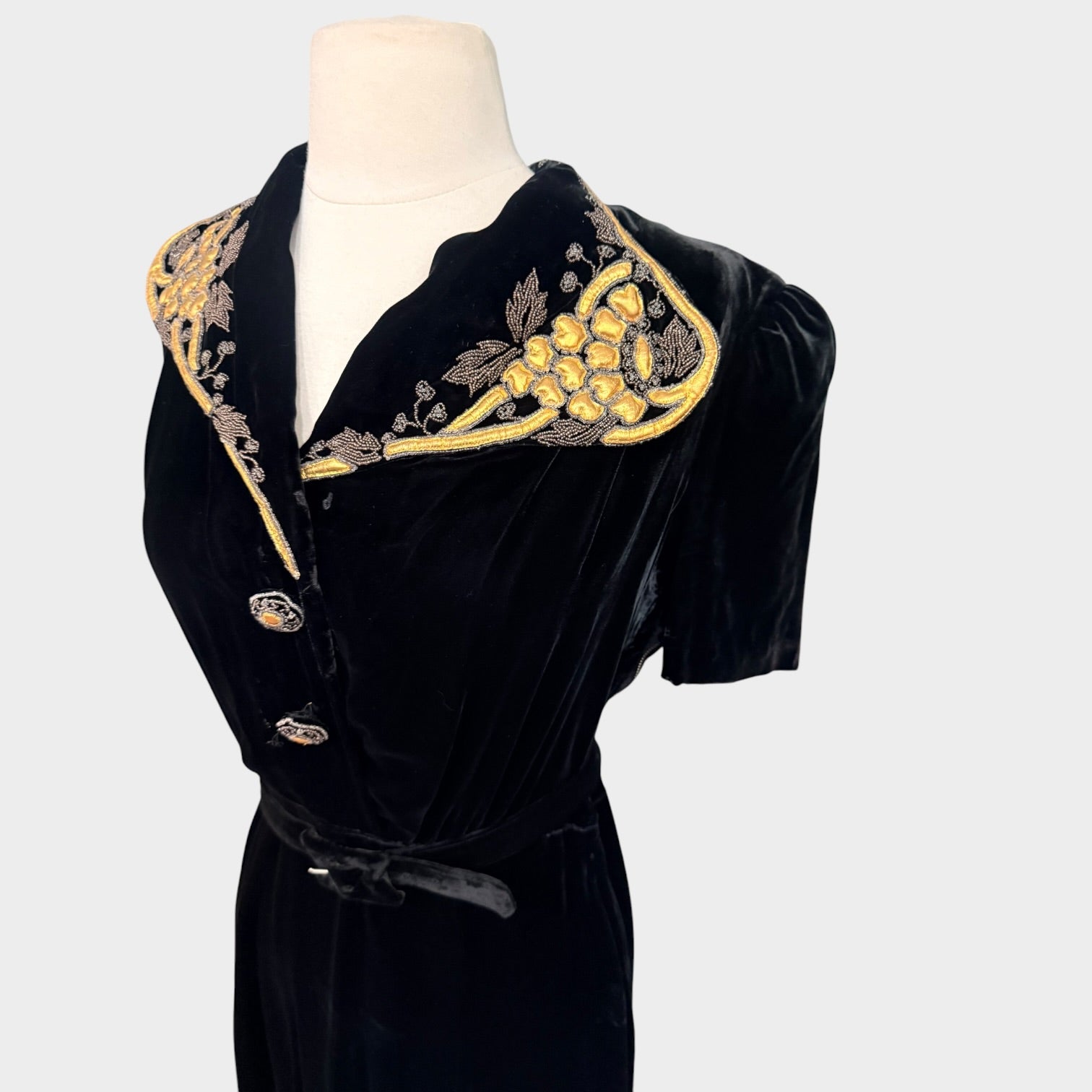 1940s Black Silk Velvet Gown with Beaded Grapevine Collar