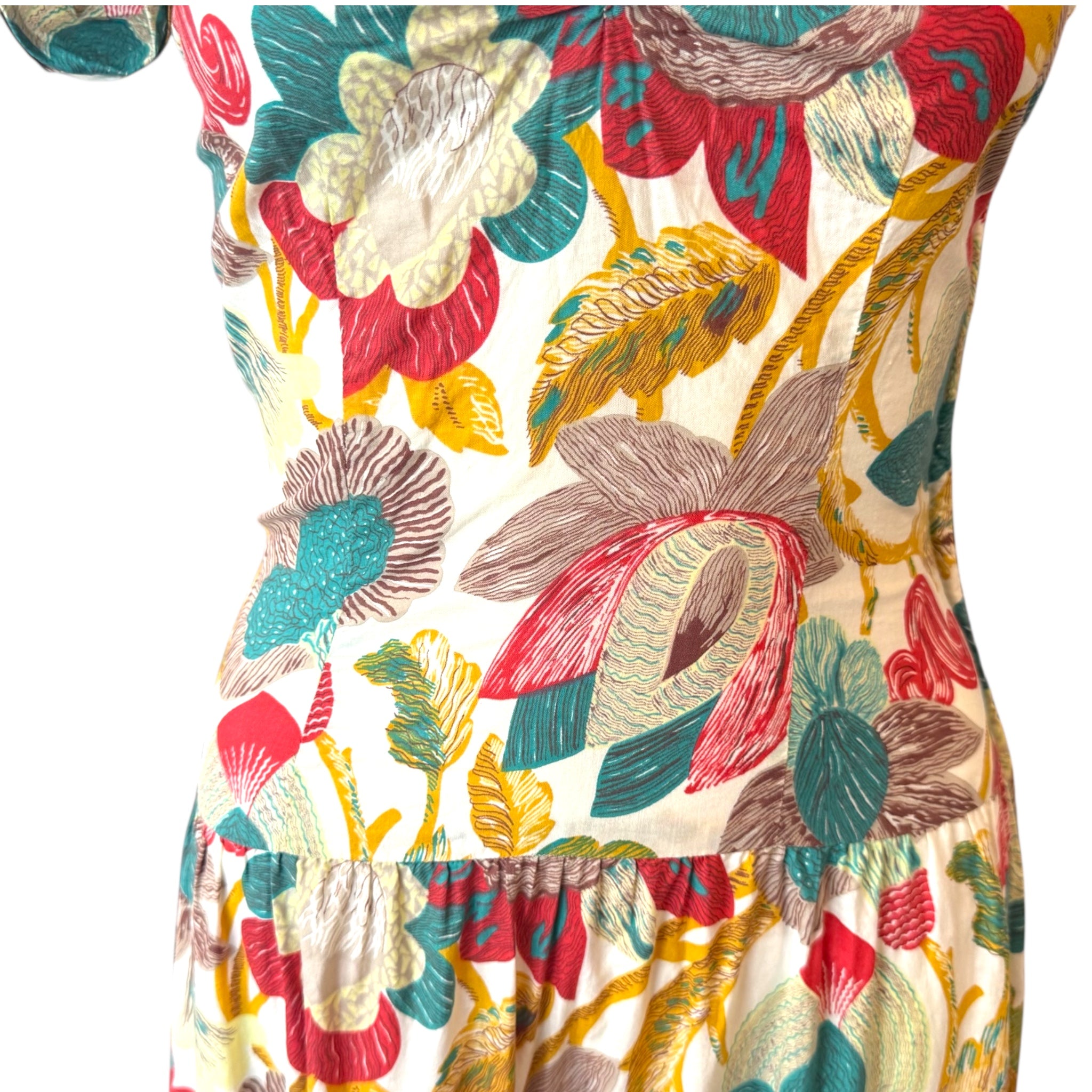 1930s Bias-Cut Cotton Floral Print Dress with Ruched Shoulders