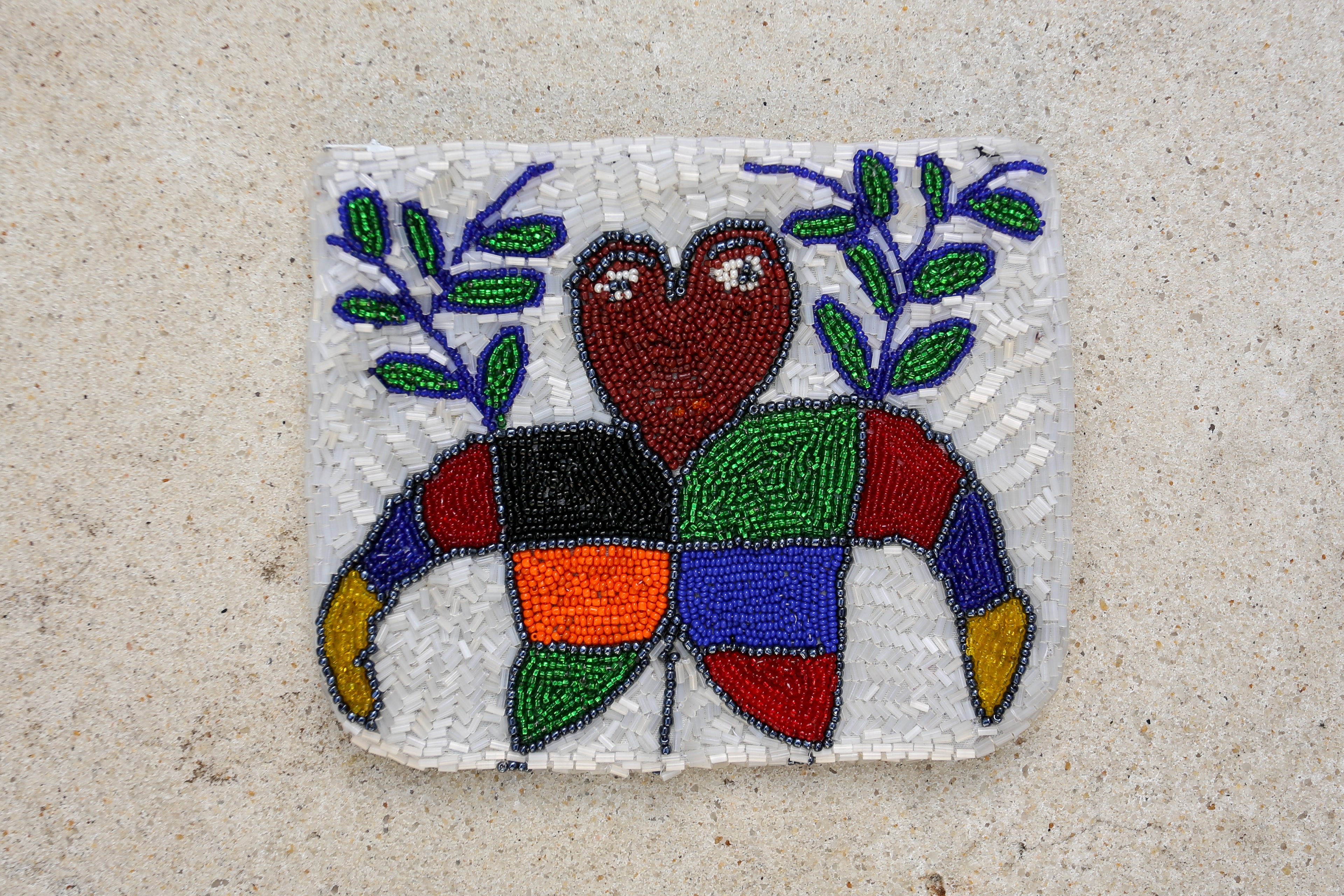 Hand Beaded Haitian Art Pouch - White Heart Face