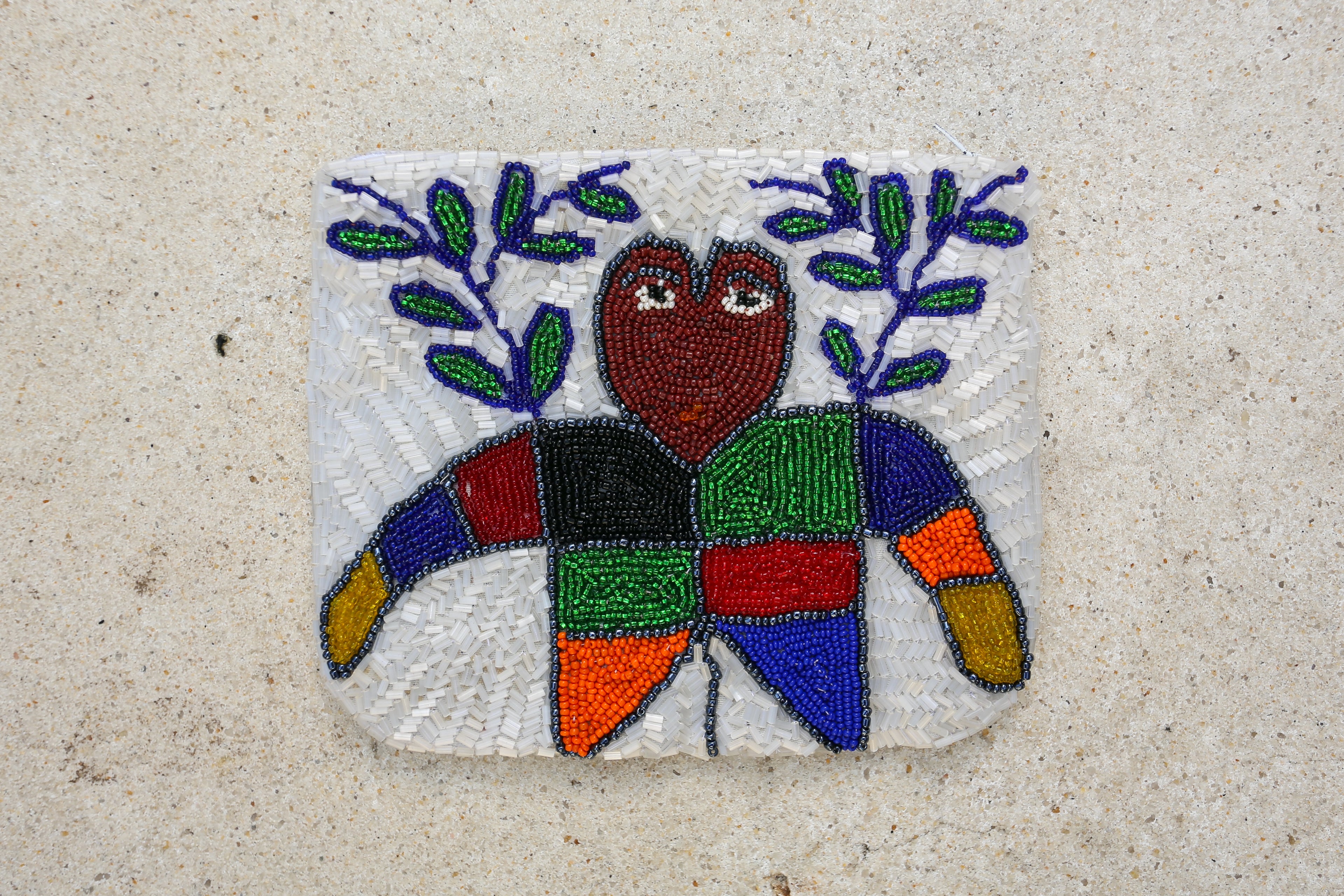 Hand Beaded Haitian Art Pouch - White Heart Face