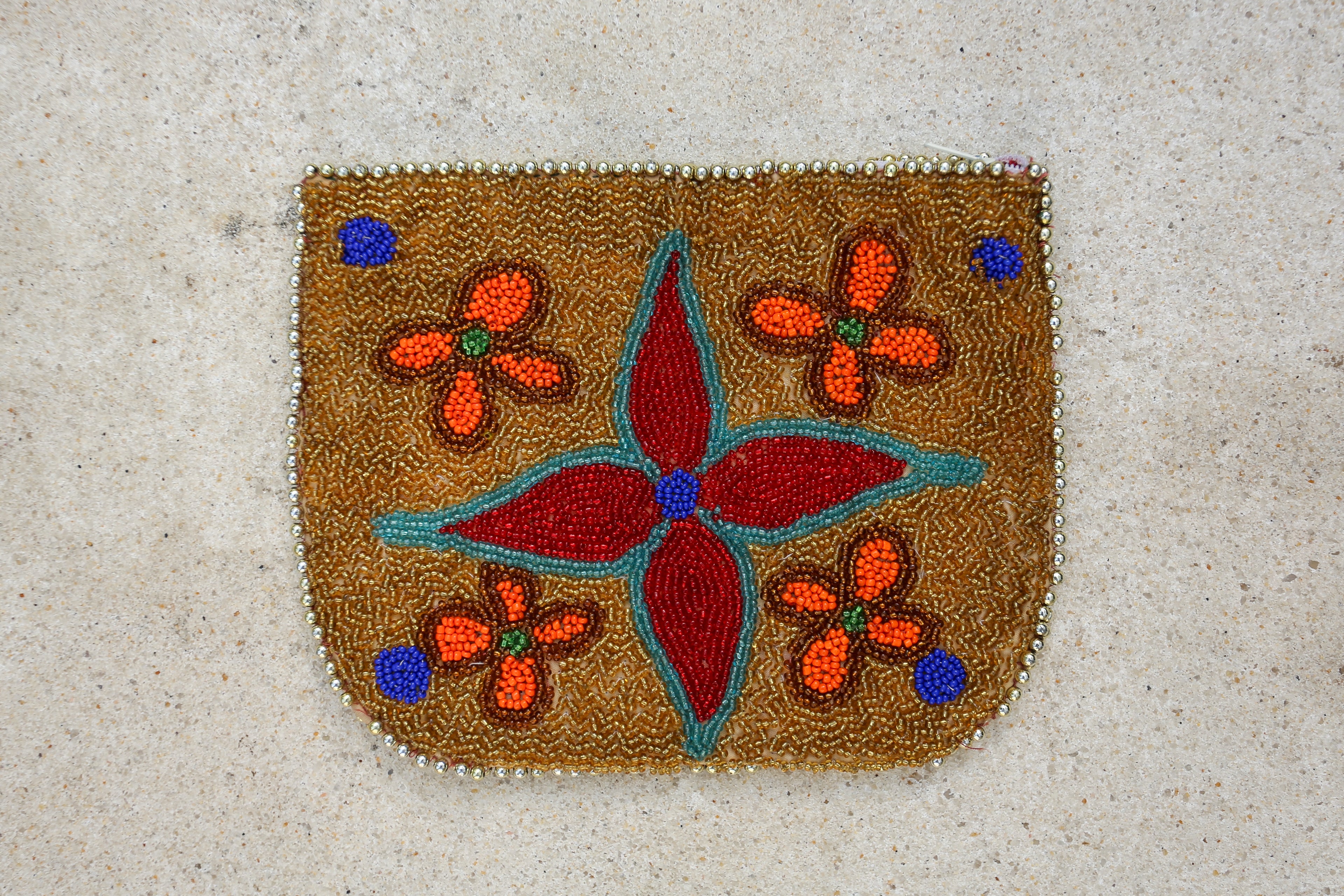 Hand Beaded Haitian Art Pouch - Gold