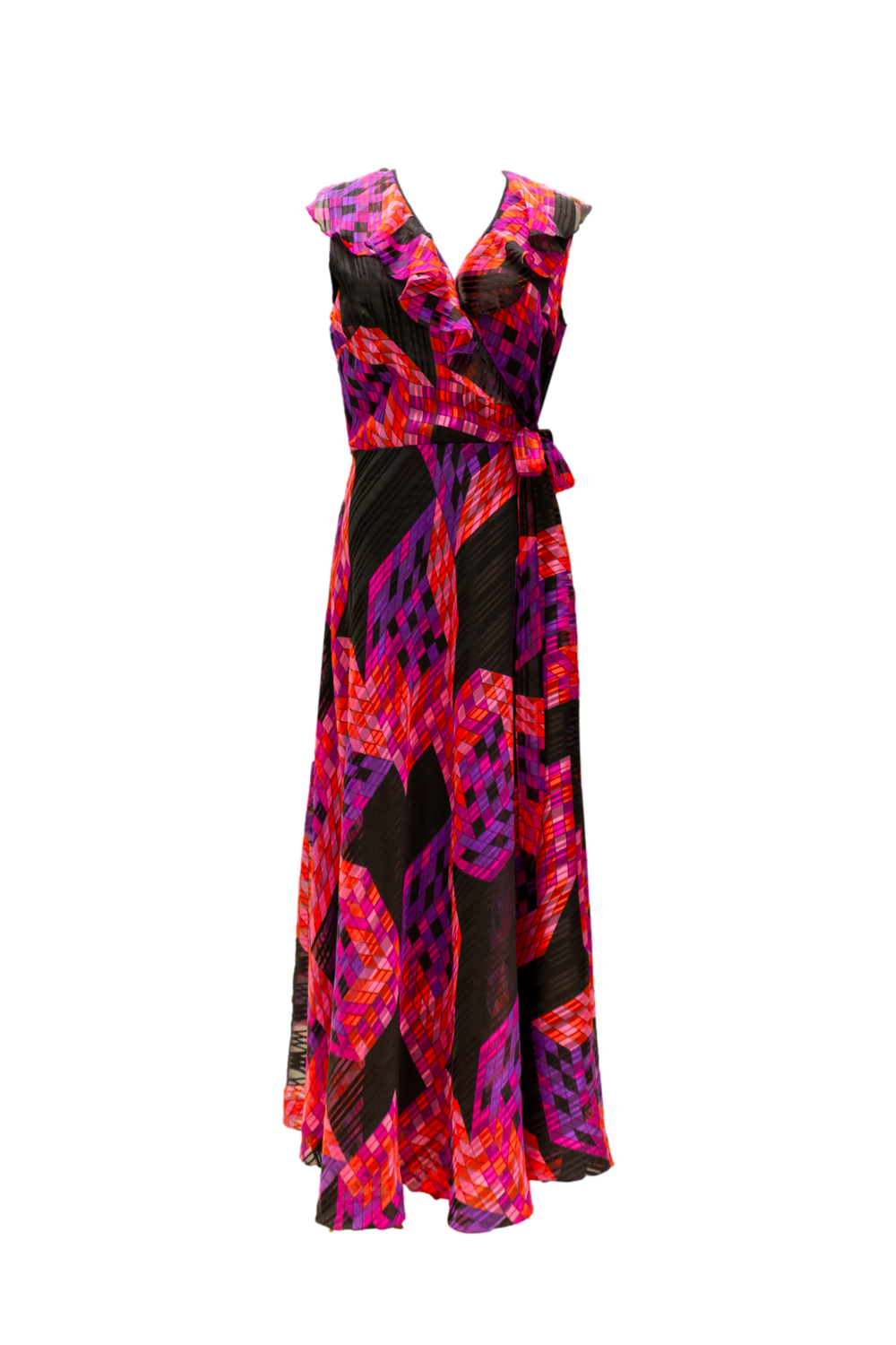 Vintage Geometric Print Chiffon Maxi Dress